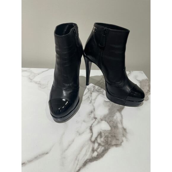 Chanel Black Leather Platform Ankle Boots with Patent Cap Toe - Picture 1 of 5